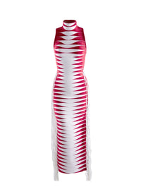 Robe à col haut en maille velours - Rouge & Blanc