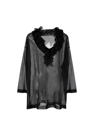 Blouse à manches longues à froufrou en soie - Noir