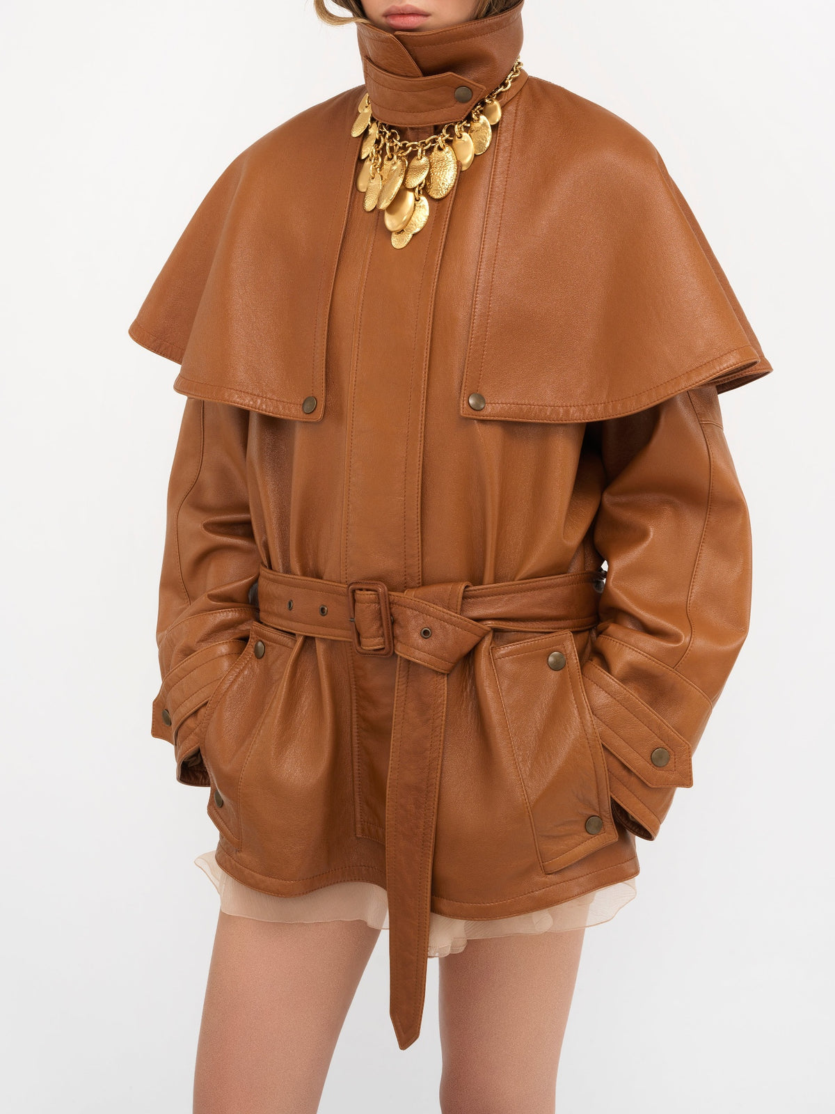 NEW_Manteau à col montant en cuir - Ochre Delight