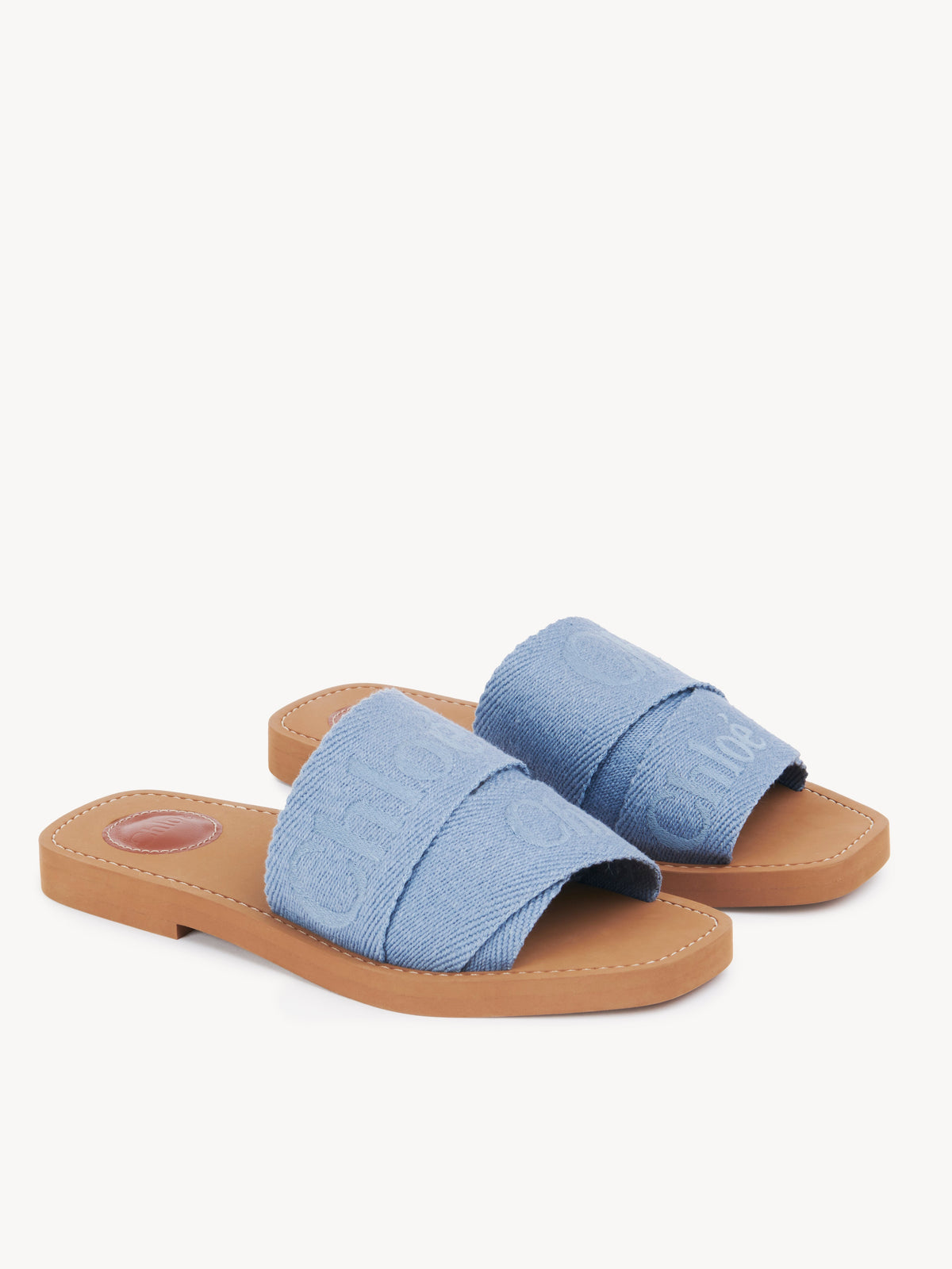 Claquettes Woody en lin brodées - Washed Blue