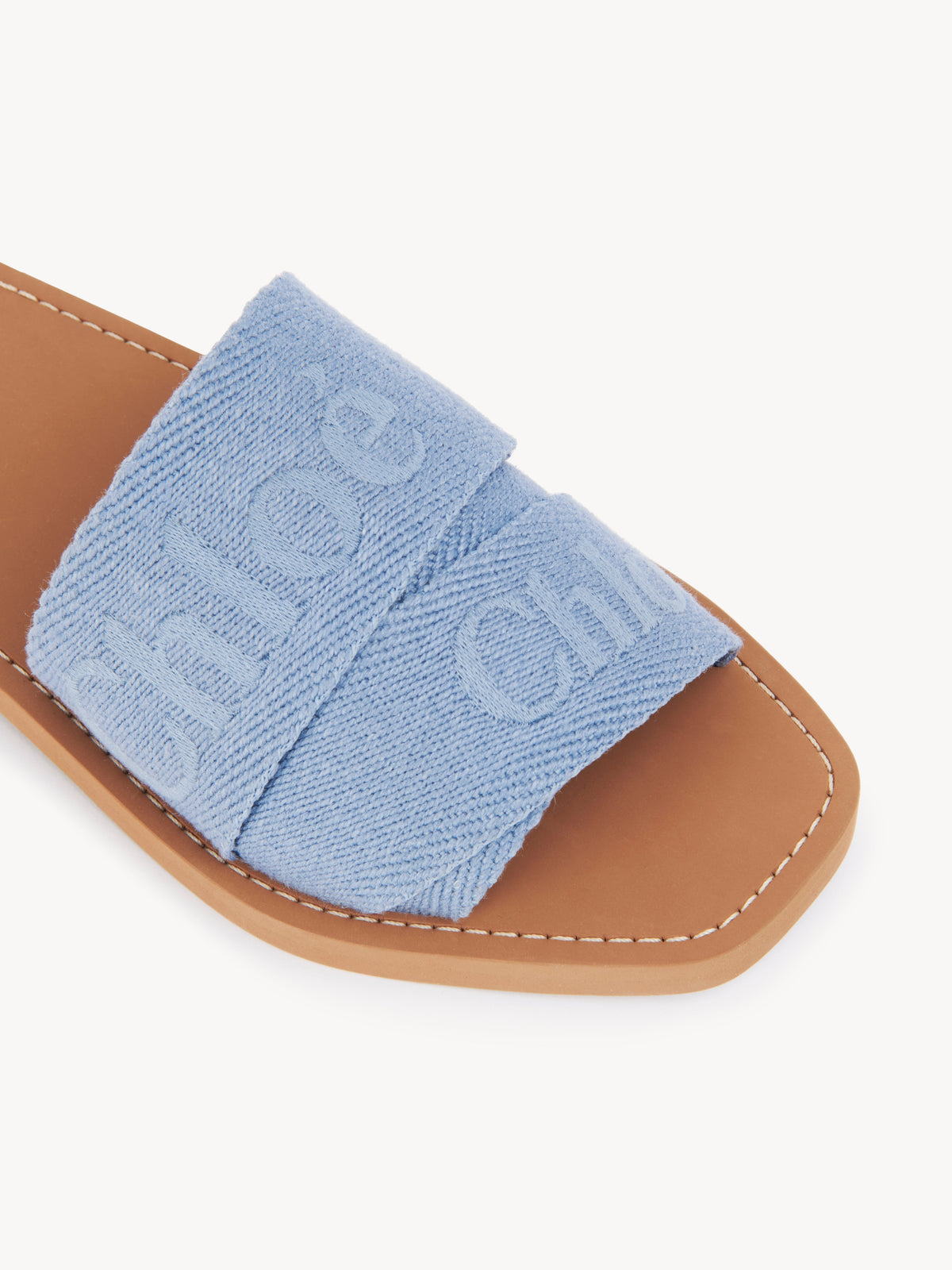 Claquettes Woody en lin brodées - Washed Blue