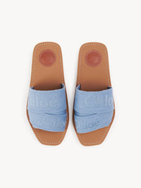 Claquettes Woody en lin brodées - Washed Blue