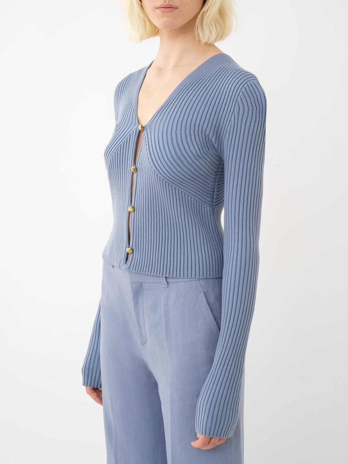 Cardigan court à épaulettes bouffantes en laine - Pebble Blue