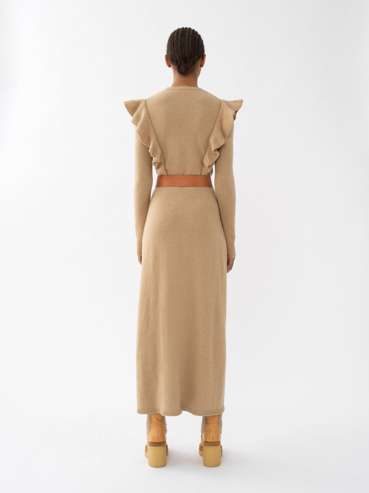 Robe midi ceinturée à manches longues en cachemire - Straw Beige