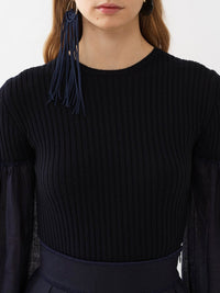 Top manches longues froncées en laine et cachemire - Ink Navy