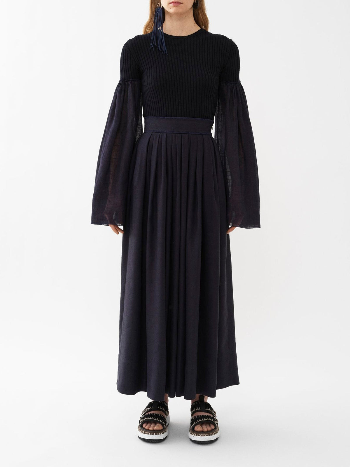 Top manches longues froncées en laine et cachemire - Ink Navy