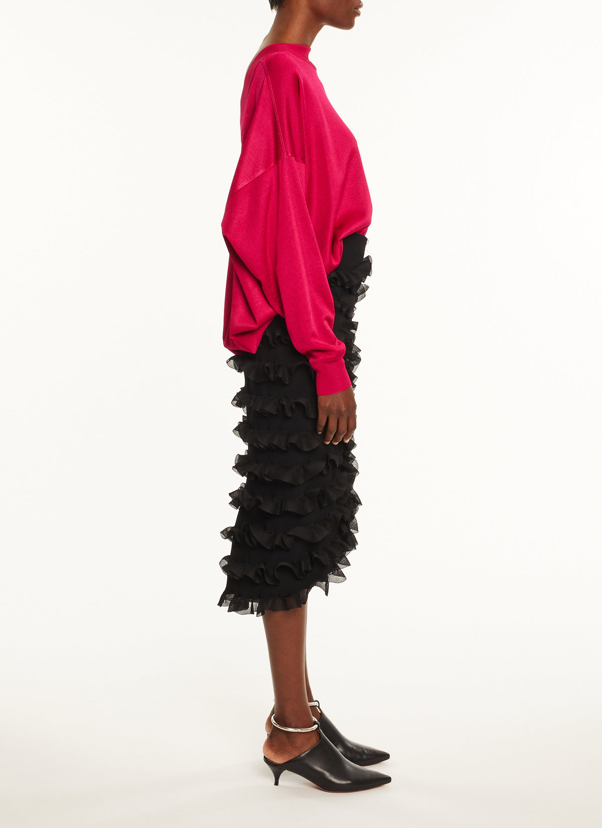 Jupe droite à volants zip en soie mélangée - Noir Alaïa