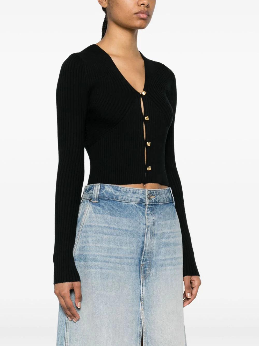 Cardigan court à épaulettes bouffantes en laine - Black