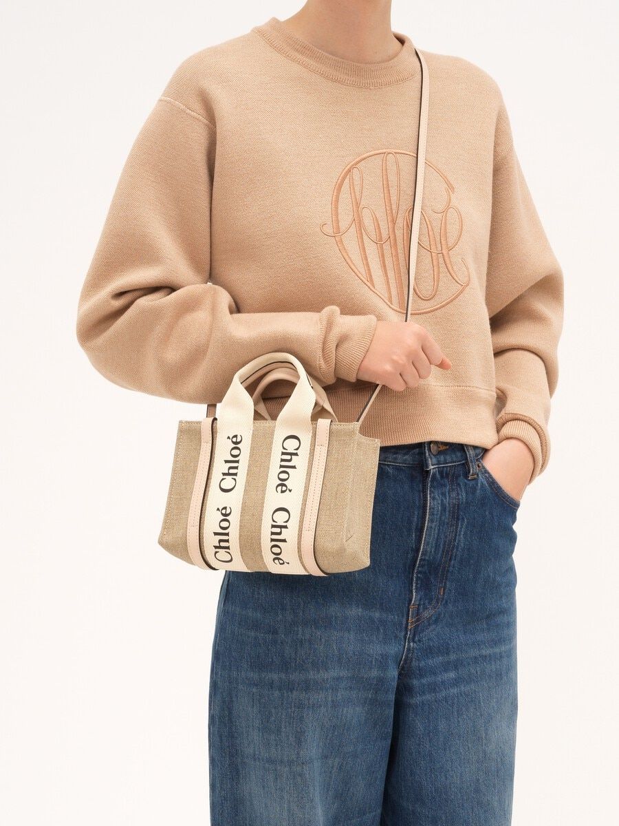 Mini sac cabas Woody à bandoulière en lin - White
