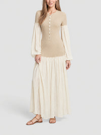 Robe longue décolleté boutonné en lin et soie - Iconic Milk
