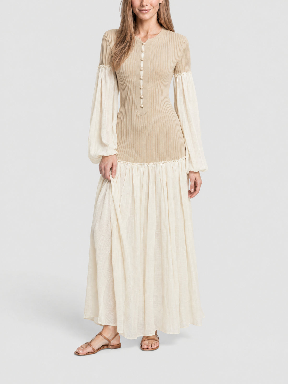 Robe longue décolleté boutonné en lin et soie - Iconic Milk