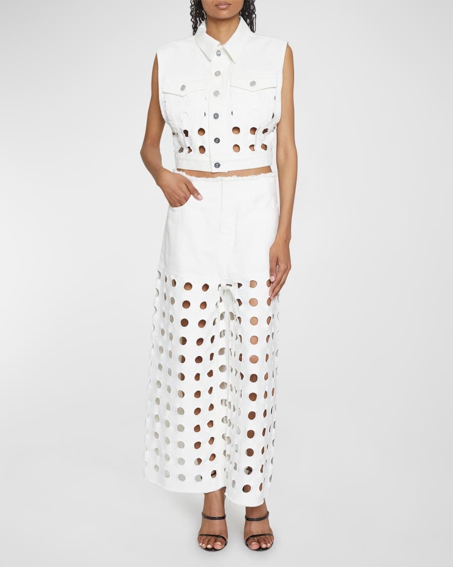 Embroidered denim low-rise trousers - White