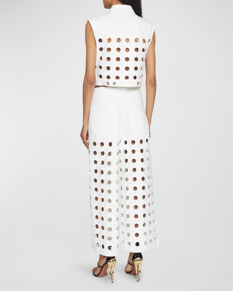 Embroidered denim low-rise trousers - White